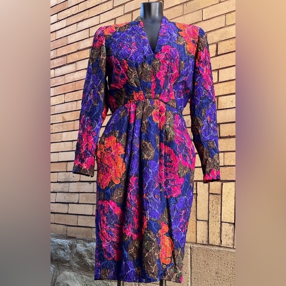 Vintage Stanley Platos Saks Jandel 100% Silk Textured Watercolor Dress Size 8